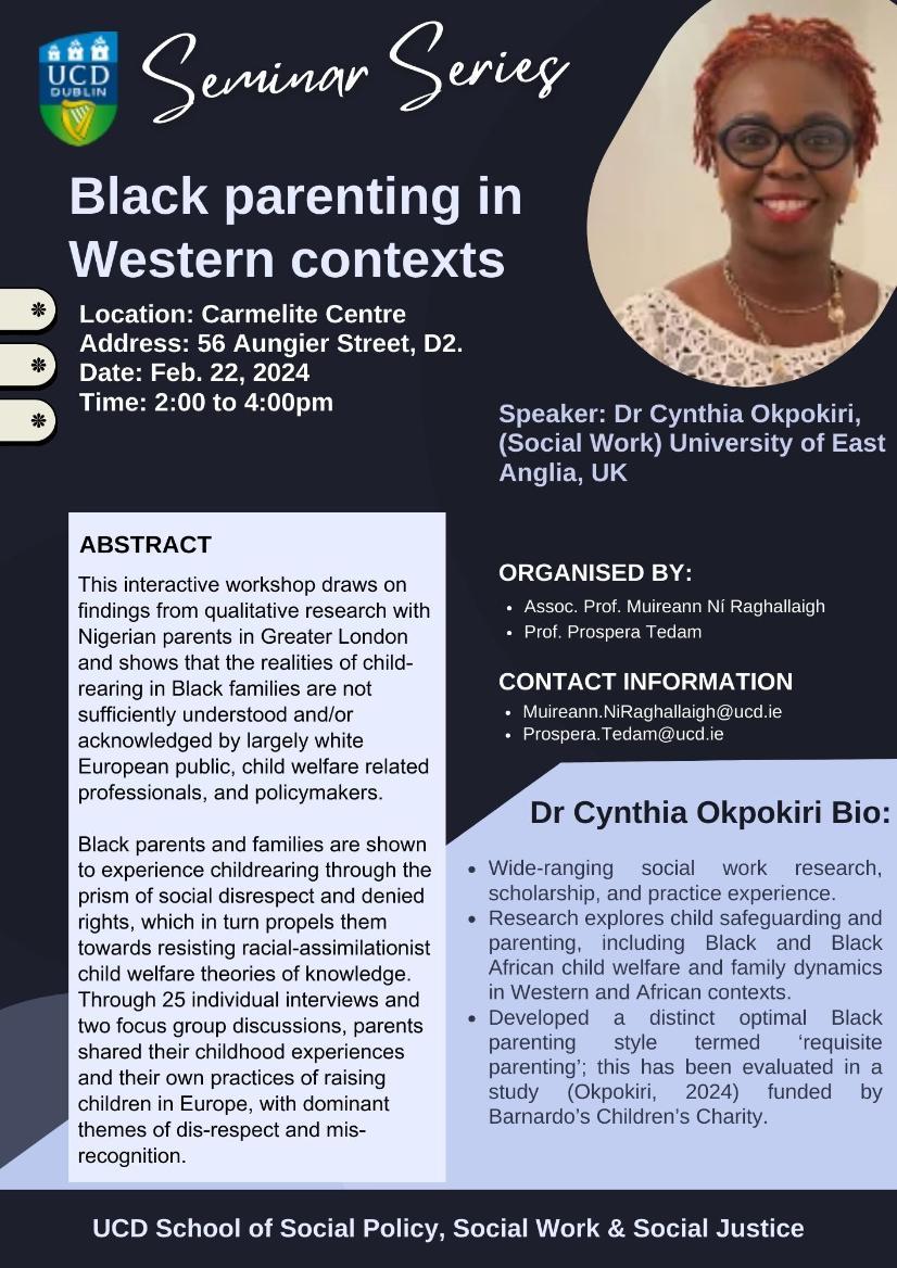 Dr Cynthia Okpokiri Seminar :'Black Parenting in Western Contexts' 22 Feb, 2024